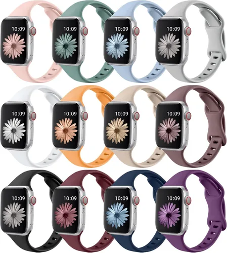 Miniatura 7 de Lerobo - Paquete de 12 bandas delgadas compatibles con Apple Watch de 38, 40, 41, 42, 44, 45, 46 y 49 mm, unisex, correa deportiva de silicona suave