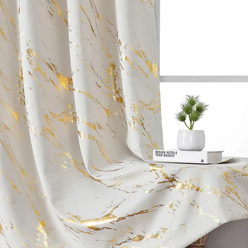 Miniatura 24 de WUBODTI Cortinas 100% Opacas de Mármol Beige de 63 Pulgadas de Largo 2 Paneles, Cortina Corta con Ojales de Impresión de Lámina Dorada Moderna