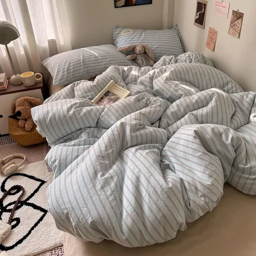 Miniatura 7 de AOJIM Blue & Brown Striped Duvet Cover Set Twin Size 100% Washed Cotton Stripe Bedding Set 3-Piece, Soft Zipper Comforter Cover and 2 Pillowcases