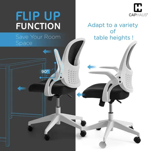 Miniatura 6 de CAPHAUS Silla de oficina ergonómica abatible, silla de escritorio acolchada de malla transpirable, soporte lumbar, silla giratoria con ruedas, Blanco