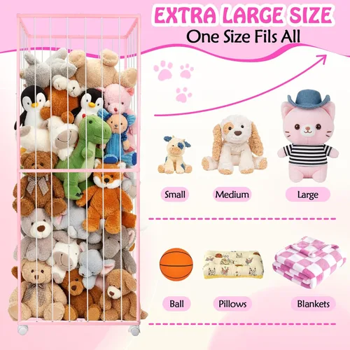 Miniatura 3 de Almacenamiento de animales de peluche, tubo de metal extra grande organizador de almacenamiento de juguetes con ruedas de freno, soporte