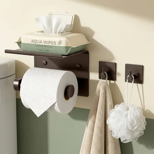 Miniatura 15 de Tindbea Soporte de papel higiénico con estante para teléfono + Ganchos para albornoz adhesivo o con tornillos, montaje en pared para almacenamiento