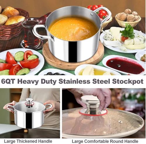 Miniatura 6 de LIANYU Olla de acero inoxidable 18/10 de 6 cuartos con tapa, olla de cocción de sopa resistente de tres capas, olla de cocción de pasta, olla
