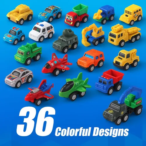 Miniatura 6 de Juego de 36 piezas de juguetes de autos y camiones – Mini vehículos de bolsillo, aviones de combate, construcción, autos de carreras y juguetes