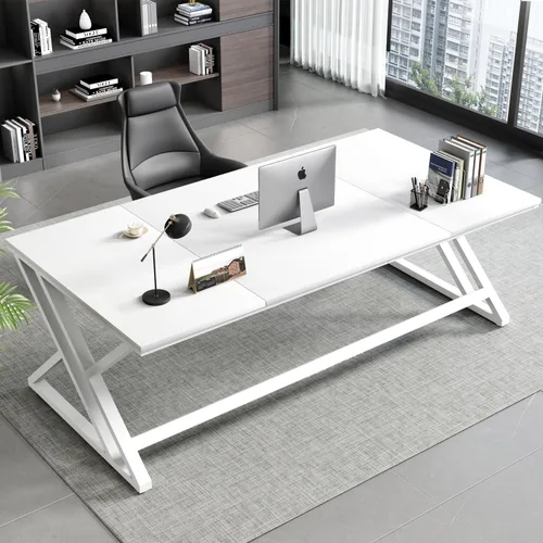 Miniatura 3 de HSH Escritorio blanco para computadora de 70.8 pulgadas, moderno escritorio de oficina grande y largo de metal de madera, escritorio de trabajo