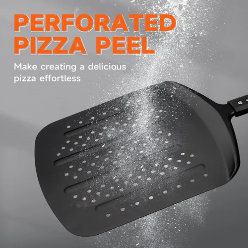 Miniatura 4 de Pala perforada de aluminio para pizza de 12 pulgadas, antiadherente, de metal, con cortador basculante, 12 x 14 pulgadas, espátula grande de acero