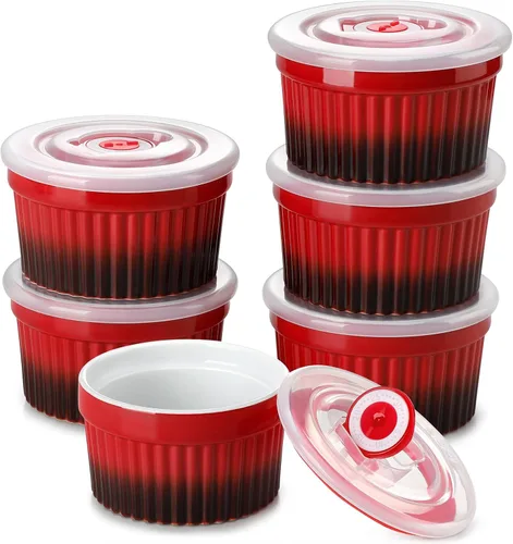 Miniatura 15 de vancasso Ramequines de 177 ml con tapa, cuencos de porcelana para soufflé de crema catalana, tazas de natillas azules para hornear, aptas