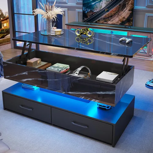 Miniatura 12 de SEDETA Mesa de centro elevable de 40 pulgadas, mesas de centro con almacenamiento para sala de estar, mesa de centro pequeña con 2 cajones y luz LED