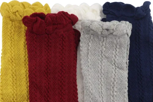 Miniatura 13 de Bestjybt Calcetines altos hasta la rodilla de algodón para bebés y niños pequeños, calcetines de punto trenzado con volantes, 5 pares