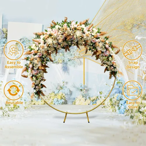 Miniatura 6 de Soporte redondo para telón de fondo, arco circular, kit de arco de globos de metal dorado de 6.5 pies para decoración de fiestas, arco de boda