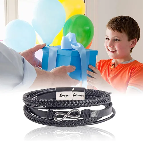 Miniatura 6 de Pulsera de cuero trenzado con texto en inglés «Love You Forever» para hombres y niños, pulsera inspiradora de acero inoxidable, pulsera de cuero