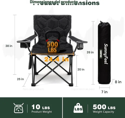 Miniatura 2 de SUNNYFEEL Sillas de campamento para adultos, silla de campamento acolchada de gran tamaño, resistente, 500 libras, silla de césped portátil
