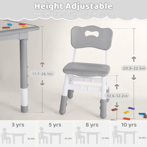 Miniatura 2 de DOREROOM Juego de mesa y 2 sillas para niños, altura ajustable (17.7-26.1 pulgadas), mesa y silla para niños pequeños, mesa multiactividad con Gris-W