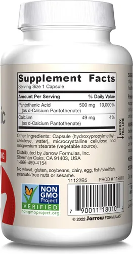 Miniatura 9 de Jarrow Formulas Ácido pantoténico B5 500 mg – 100 cápsulas vegetales – Vitamina B esencial – Producción de energía y apoyo al metabolismo – 100