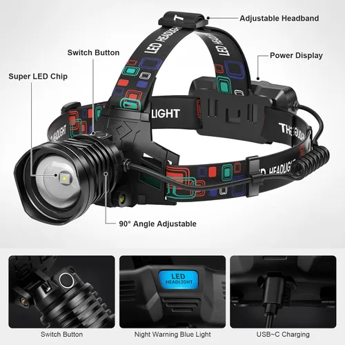 Miniatura 13 de azamine linterna de cabeza recargable súper brillante de 99000 lúmenes, paquete de 2 lámparas de cabeza LED con 3 modos, luces de cabeza ajustables