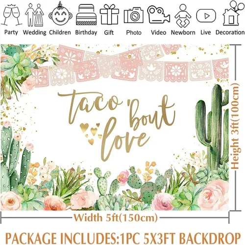 Miniatura 3 de Avezano Telón de fondo de amor con temática de Taco Bout Love y flores de cactus de oro rosa para boda, despedida de soltera, boda, compromiso