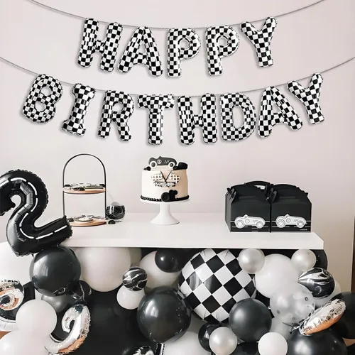 Miniatura 3 de Decoraciones de fiesta de cumpleaños de coche de carreras, pancarta de globos de feliz cumpleaños a cuadros en blanco y negro