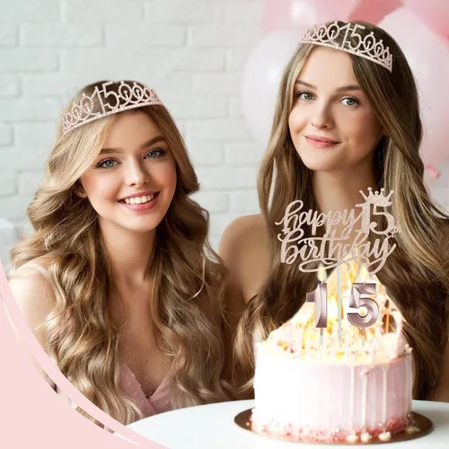 Miniatura 2 de Decoraciones de cumpleaños de 15 años para niñas; banda, corona/tiara, velas y adorno para pastel de cumpleaños de 15 años; regalos y decoraciones
