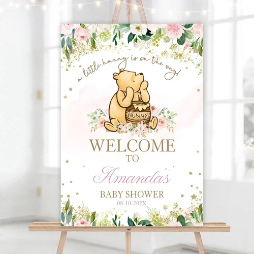 Miniatura 15 de Letrero personalizado para baby shower de oso Pooh, diseño clásico de vegetación personalizada, letrero de bienvenida para patio de baby shower
