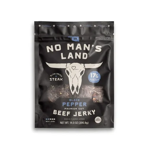 Miniatura 10 de No Mans Land Beef Jerky - Pimienta negra Tiras de carne seca secadas lentamente, ahumadas y sazonadas Bocadillo de carne de res alto
