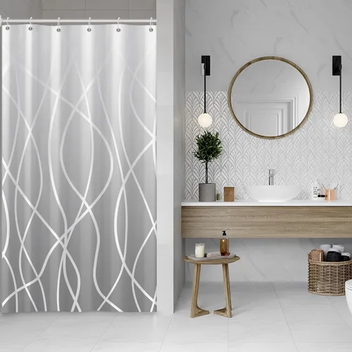 Cortina de ducha pequeña a rayas gris claro degradado para baño, 36 x 72 pulgadas, juego de cortina de ducha geométrica para cabina de RV con
