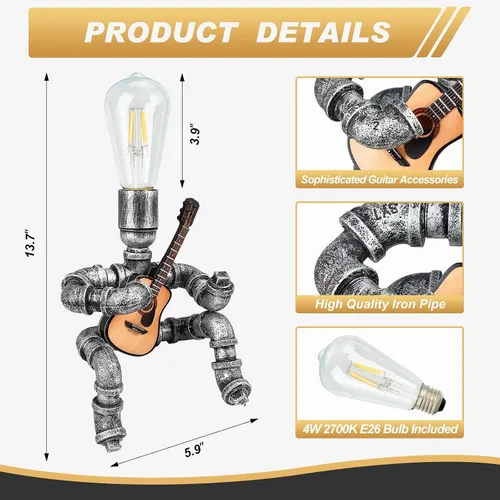 Miniatura 2 de VIHOSE Lámpara de mesa de tubo de metal, lámpara de escritorio de estilo robot creativo, luz industrial vintage para hombres, mesita de noche, bar