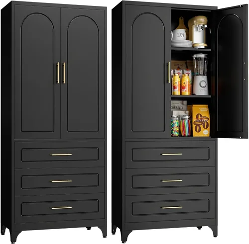 Miniatura 18 de Armario de almacenamiento de metal negro con puerta, armario de despensa de cocina con 3 estantes ajustables, armarios de almacenamiento de 60
