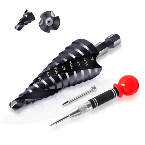 Miniatura 9 de Hakkin M35 Cobalt Unibit - Broca escalonada para metal de 1/4 a 3/4 pulgadas, con revestimiento de titanio, juego de tres brocas en espiral y punzón