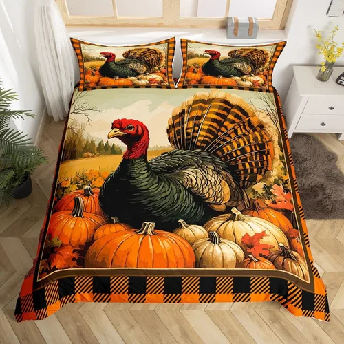 Miniatura 25 de Erosebridal Juego de funda de edredón individual de pavo de Acción de Gracias, juego de ropa de cama de calabaza y hojas de otoño para niños