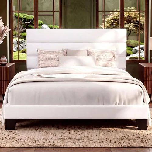 Miniatura 25 de Allewie - Base de cama de plataforma matrimonial con cabecera tapizada de tela y soporte de listones de madera, base de colchón totalmente tapizada