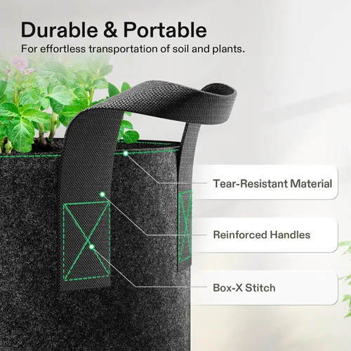 Miniatura 4 de VIVOSUN - Paquete de 5, 1 galón, bolsas para cultivar de tela no tejida gruesa resistente con asas Negro