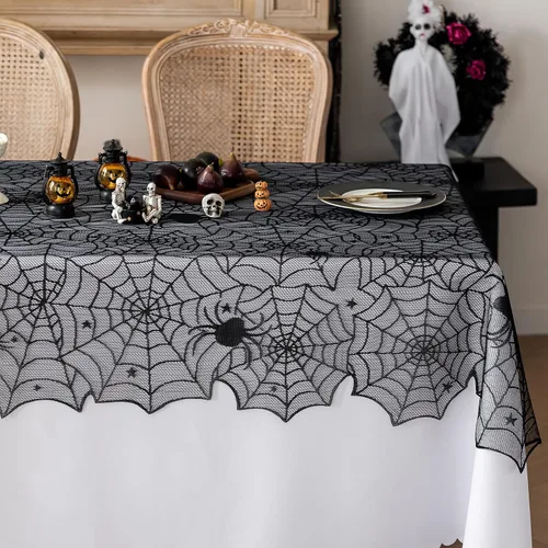 Miniatura 8 de Joyfol Day Mantel de tela de araña de Halloween, mantel redondo de encaje negro de 70 pulgadas, mantel lavable y espeluznante, mesas de telaraña