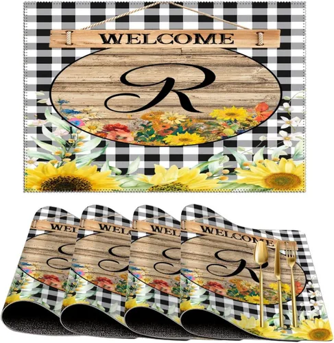 Miniatura 32 de Manteles individuales de bienvenida con diseño de girasol vintage con bandera R con inicial, 1 unidad, estilo granja, para mesa de comedor, cocina