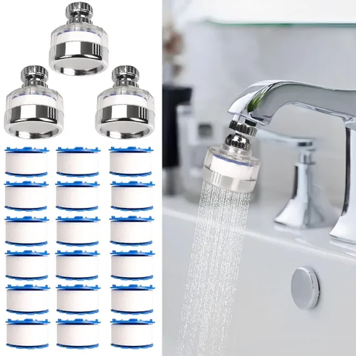 Juego de 3 filtros de agua para fregadero y 18 elementos de filtro, filtro de grifo de fregadero giratorio de 360°, filtro de fregadero de baño que