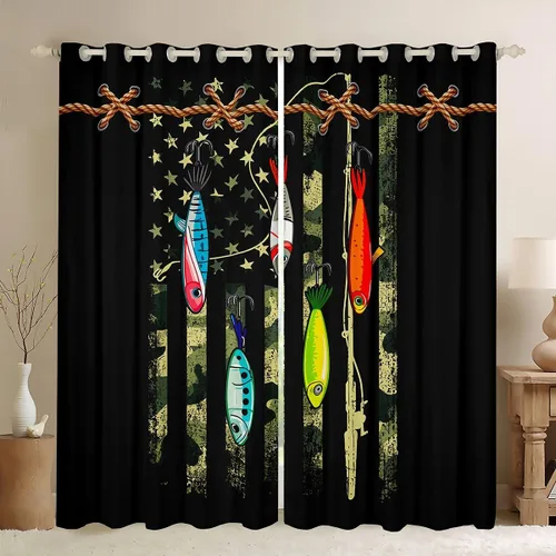 Miniatura 25 de Cortinas opacas de camuflaje con bandera estadounidense, regalo para niños, cortina de ventana de camuflaje verde con rayas negras, estrellas