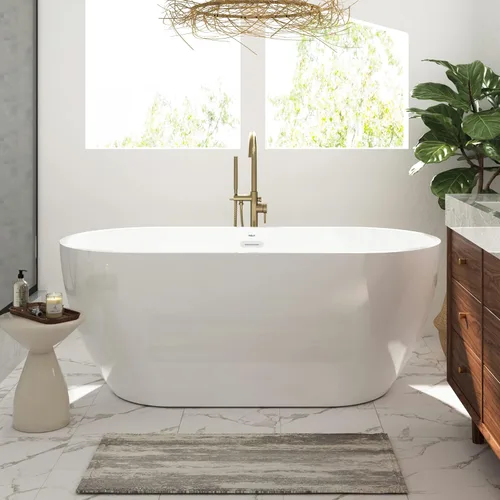 Miniatura 36 de FerdY 59" Bañera de acrílico independiente Bali Elite, bañera independiente de inmersión con forma elegante, certificada cUPC, desagüe negro Toe-Tap