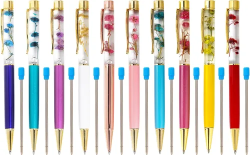 10 bolígrafos líquidos florales de metal rosa con 10 repuestos adicionales, tinta azul, bolígrafos de colores, bolígrafos recargables, suministros