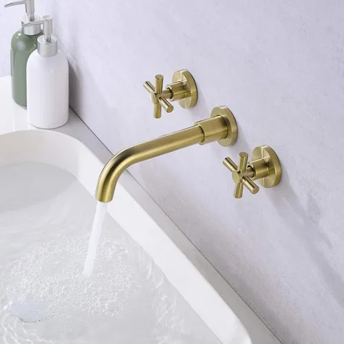 Miniatura 3 de Grifo de baño de latón cepillado para montaje en pared, dos asas cruzadas y válvula empotrada incluida, SUMERAIN Oro cepillado