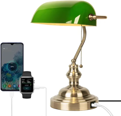 Miniatura 11 de Lámpara de Banco de Vidrio Verde, Lámpara de Escritorio Retro con Puerto de Carga Inalámbrica USB, Lámpara de Mesa con Cadena Clásica, para Mesita