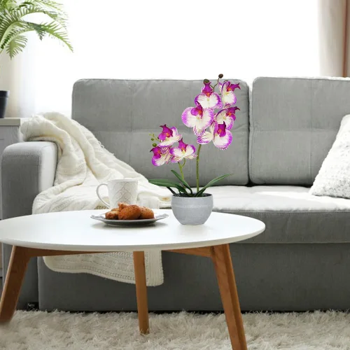 Miniatura 2 de Flores artificiales de orquídea morada, 2 tallos en maceta gris, flor de orquídea sintética en maceta para el hogar, mesa de baño, sala de estar