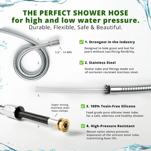 Miniatura 2 de High Sierra® - Manguera de ducha de acero inoxidable sin plomo con tubo interior de silicona resistente a la bio-película. Extremadamente fuerte