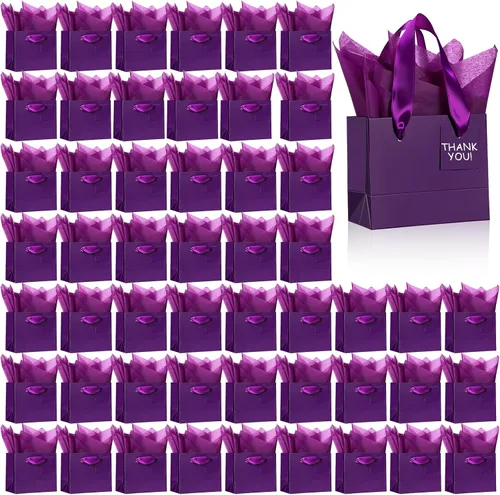 Miniatura 26 de Qilery 50 bolsas de regalo de papel de boda a granel con papel de seda, pequeñas bolsas de regalo con asa y etiquetas para cumpleaños, bodas