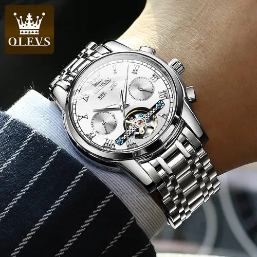 Miniatura 8 de OLEVS Relojes automáticos de cuerda automática para hombre, fecha y día, calendario, relojes de acero inoxidable, movimiento esquelético