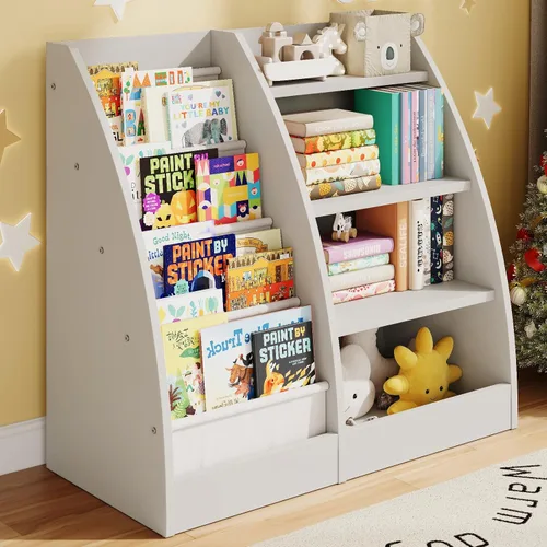 Miniatura 15 de Estantería para niños de 4 niveles, estante de 4 capas para habitaciones de niños, estantería de madera XXL para niños, estante de almacenamiento