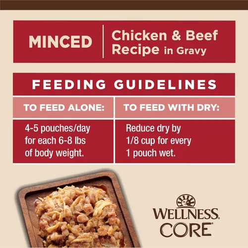 Miniatura 9 de Wellness CORE Tiny Tasters - Alimento húmedo picado para gatos adultos, natural, rico en proteínas, sin granos, receta de pollo y carne de res, 1.75