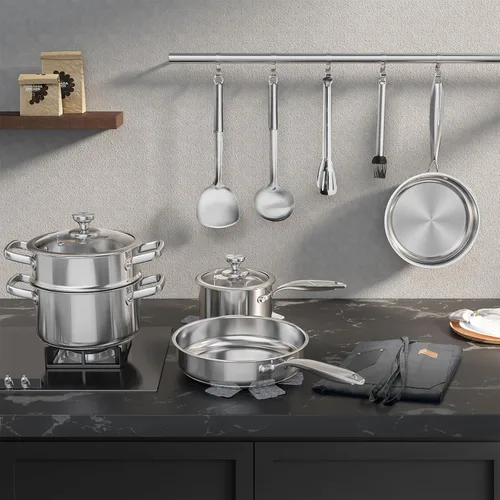 Miniatura 6 de Meythway Juego de ollas y sartenes no tóxico, juego de utensilios de cocina de acero inoxidable de 16 piezas con vaporera, juego de utensilios