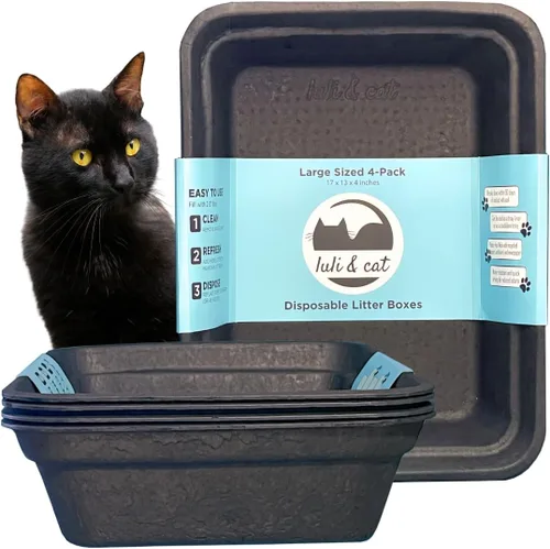 Luli & Cat Cajas de arena desechables para gatos | Paquete de 4 unidades de color negro de gran tamaño | Duraderas y resistentes al agua