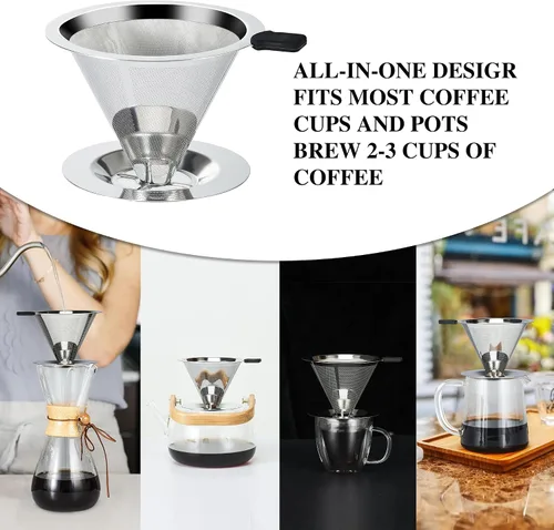 Miniatura 5 de Filtro de café sin papel de goteo lento para verter sobre café, doble malla de acero inoxidable para verter sobre cafetera para filtro de cono
