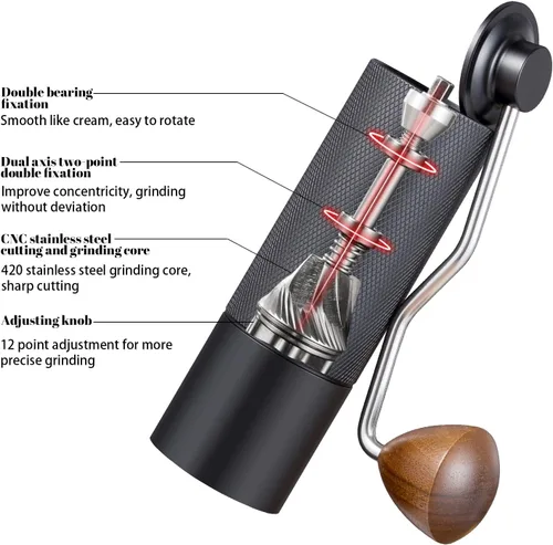 Miniatura 4 de Molinillo de café manual con capacidad de 0.88 oz, rebabas de acero inoxidable, mango de madera, molinillo de café para rebabas para el hogar, Negro