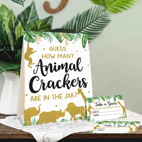 Miniatura 5 de Bessmoso Juego Safari Baby Shower – Adivina cuántas galletas de animales, juegos de baby shower con temática de selva con letrero de pie y 30